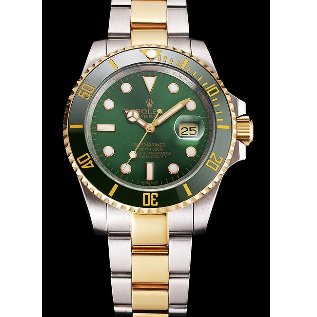Rolex copies cheap Swiss Green Rolex Two Tone Bezel Bracelet Submariner Gold Dial And Steel 0603